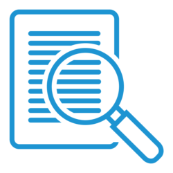 blue icon of document with magnifying glass to showcase itential case study for deutsche telekom for automation and orchestration