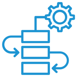 blue icon of three boxes stacked vertically with automation gear on top showcasing Itential's network automation capabilities