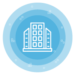 white icon of building for enterprise managed services over layered bright blue circles