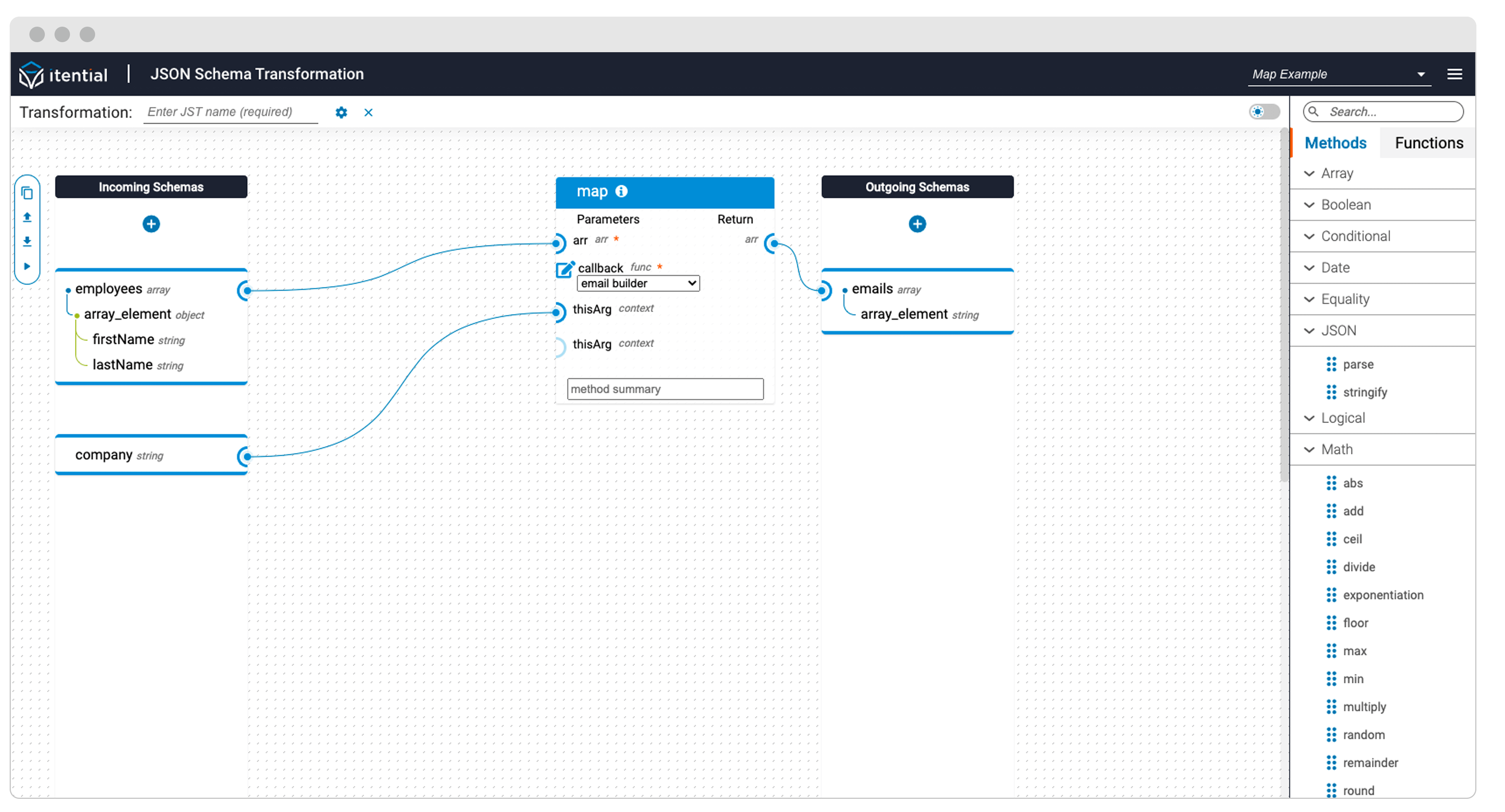 screenshot of Itential's developer tool json schema transformation designer to build data transformations without writing code