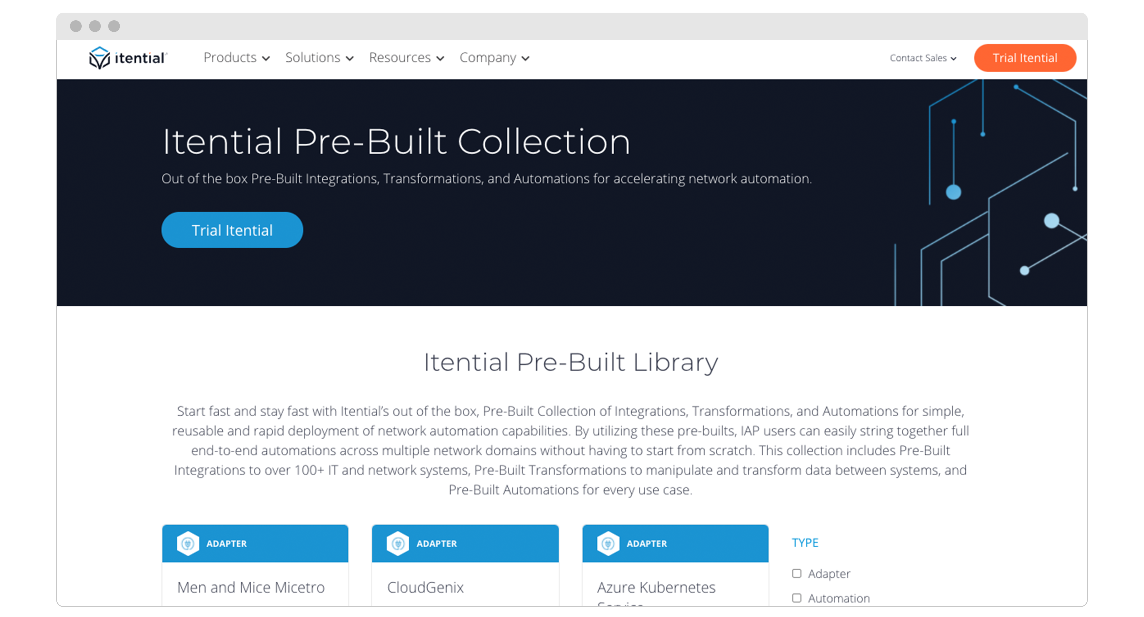 screenshot of itential's pre-built library of integration, automations & transformations for rapid deployments network automation