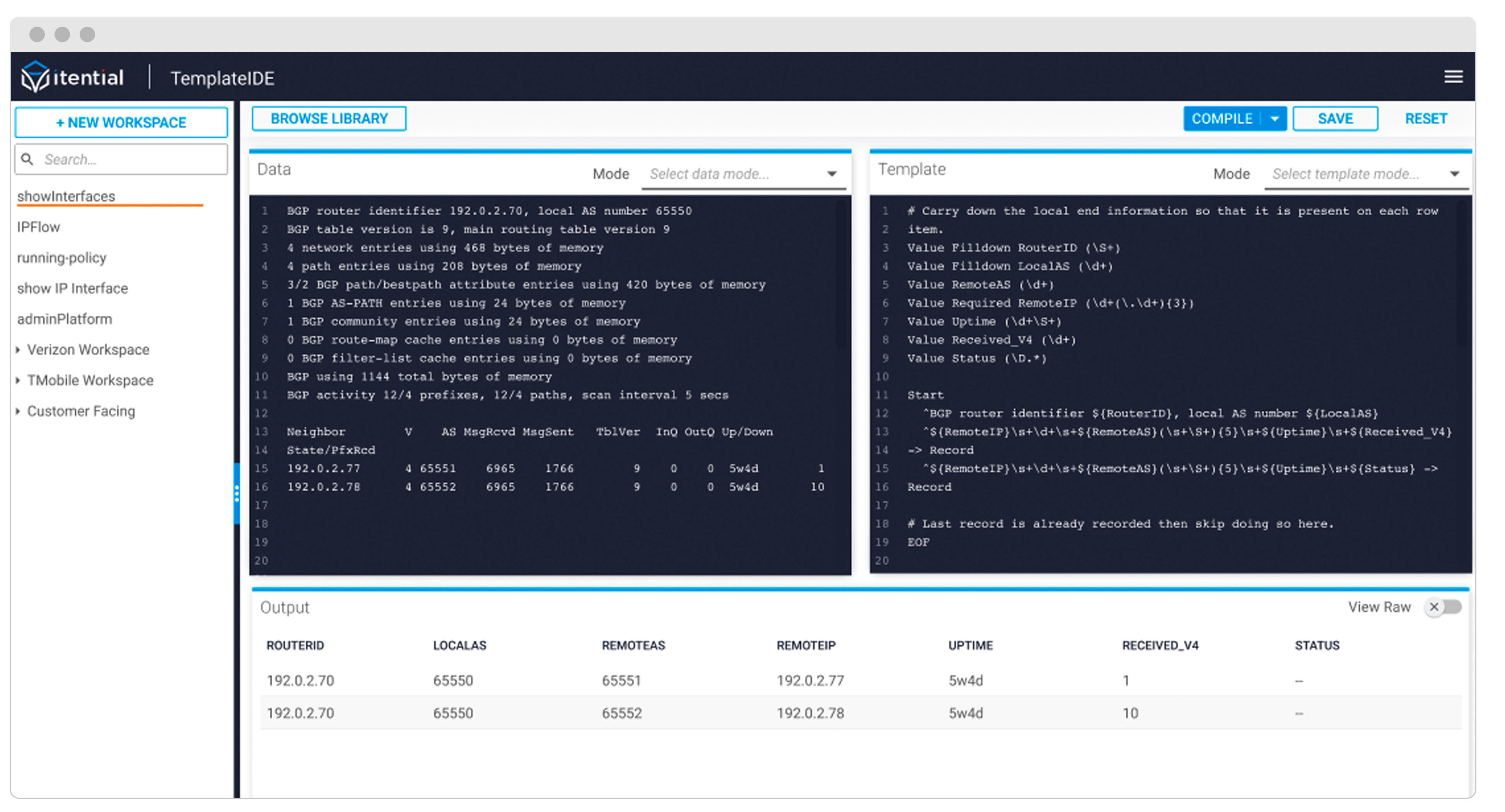 screenshot of Itential's developer tool template ide to create, & edit multiple types of templates such as TextFSM, Jinja2, and Mustache