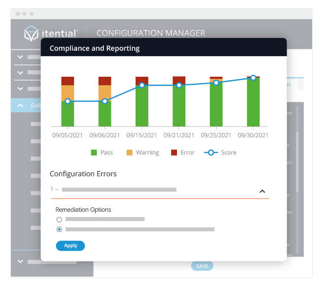 itential network automation screenshot showcasing a network configuration compliance report for automated configuration remediation