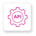 pink icon of gear with API text representing itential's aggregated network API that provides network self-service capabilities 