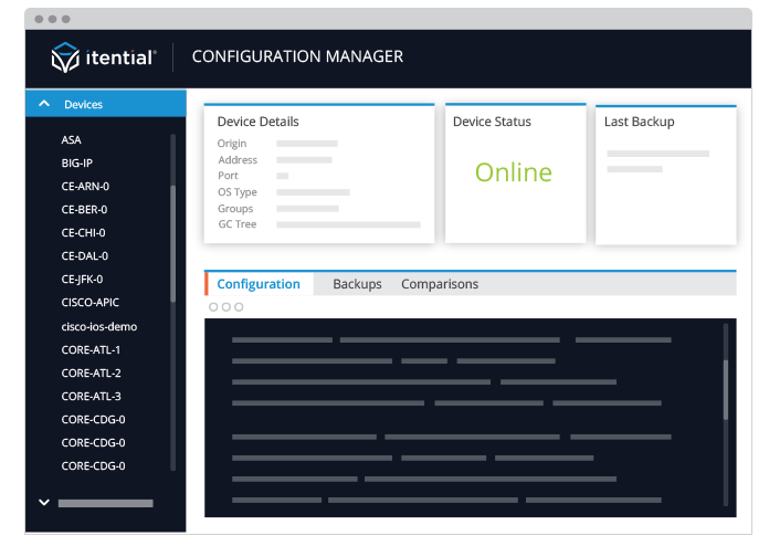 itential network automation platform screenshot showcasing network configuration management capabilities including device details