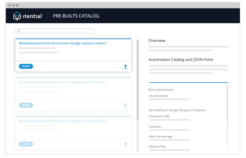 itential network automation platform screenshot showcasing a pre-built catalog of 300 out-of-the-box built-in network intelligence features