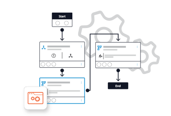 gray automation gear icons overlayed by an itential pre-built network automation workflow for top automation and orchestration use cases