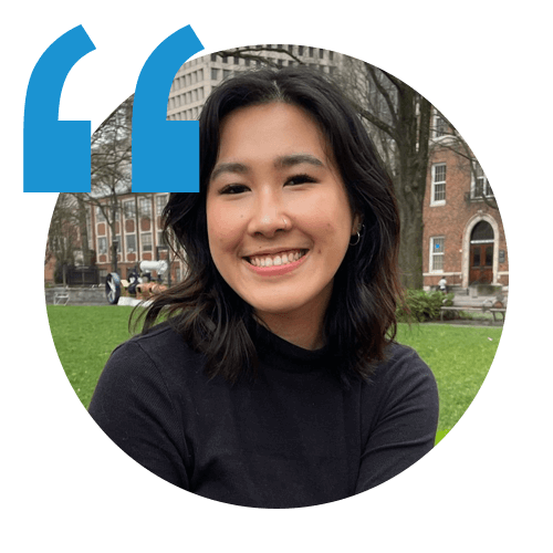 headshot of jenn lu, an itential network automation employee, with a blue quotation mark on the top left corner