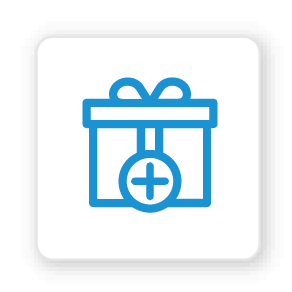 blue icon of a gift box with a plus showcasing itential's extensive benefits it provides to it's employees