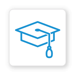 blue icon of a graduate hat showcasing itential's continuous learning and development program it provides it's employees