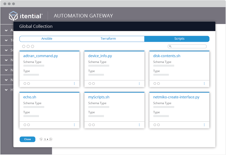 screenshot of itential automation gateway with a card view of available scripts from ansible, terraform, and python