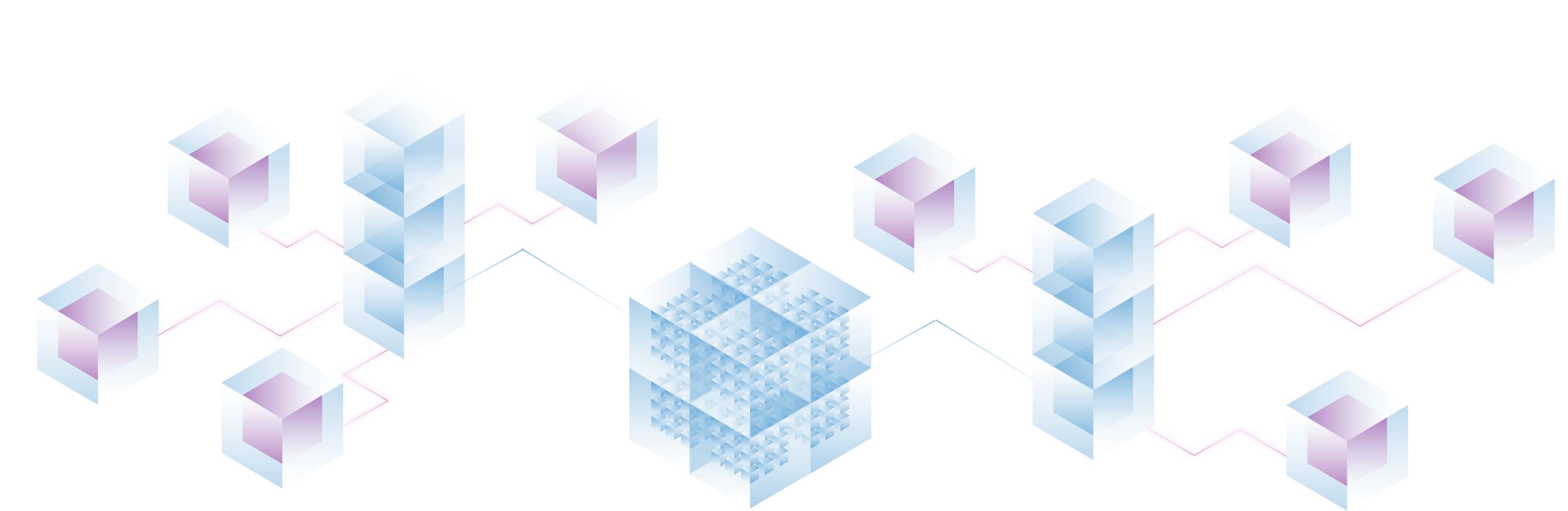 abstract view of 5g edge automation: blue and pink cubes representing network elements that make up a 5g network