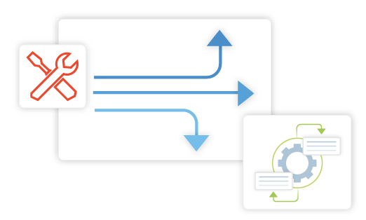 layered images of tools, lines with arrows and automation gears showing the scalability of the itential newtork autoamtion platform