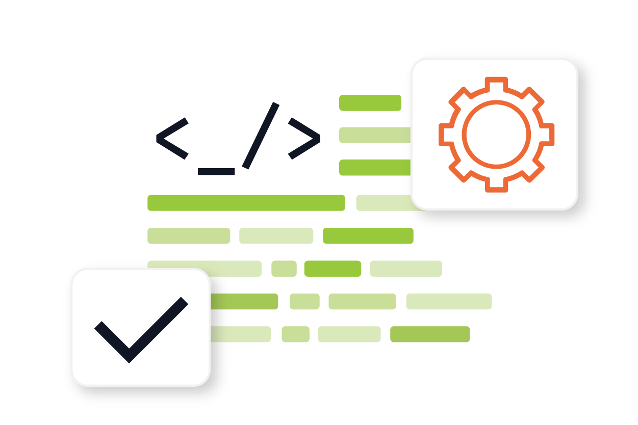 layered icons of network config lines with a gear to show automated configuration validation within the itential network automation platform