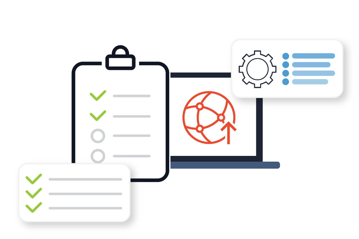 layered icons of a computer, process list and automation gear showing an automated network device software upgrade