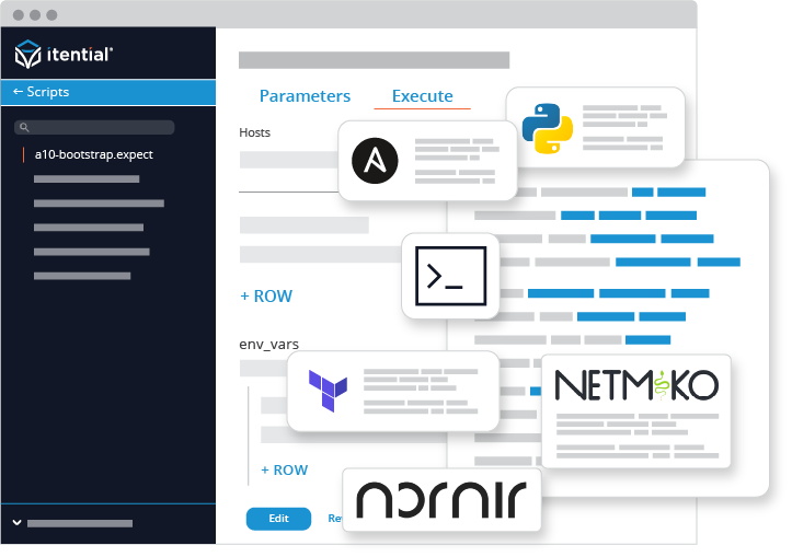 itential automation gateway screenshot leveraging ansible, python, cli, terraform, nornir and netmiko scripts