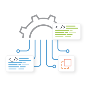 Icon_Technology an overlay of systems and code with an automation gear representing the technologies available for network automation and orchestration
