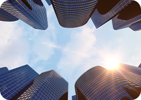 view of tall modern bulidings from the ground looking up to the sky representing enteprise businesses that itential works with