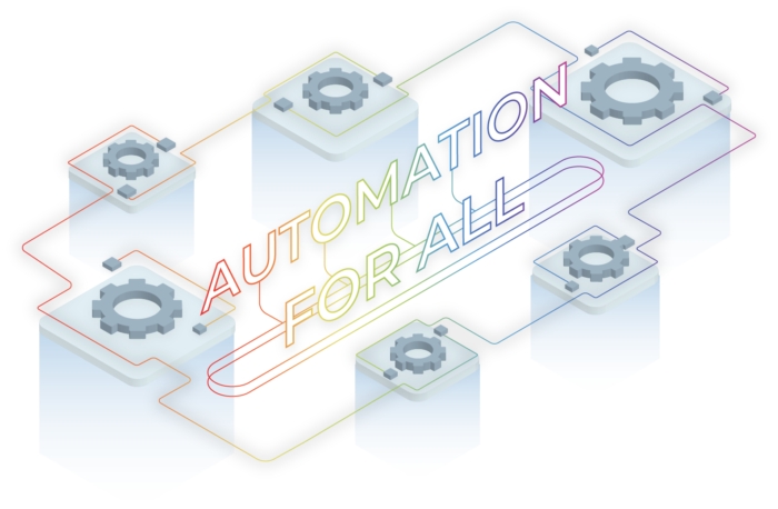 image of automation for all in a rainbow gradient surrounded by gears for itential's lgbtq+ group focused on equality, inclusion, & diversity