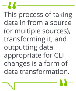 This process of taking data in from a source (or multiple sources), transforming it, and outputting data appropriate for CLI changes is a form of data transformation.