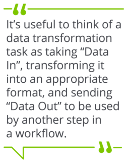 It’s useful to think of a data transformation task as taking “Data In”, transforming it into an appropriate format, and sending “Data Out” to be used by another step in a workflow.