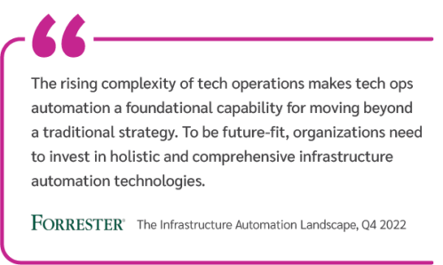 The rising complexity of tech operations “makes tech ops automation a foundational capability for moving beyond a traditional strategy. To be future-fit, organizations need to invest in holistic and comprehensive infrastructure automation technologies.”
