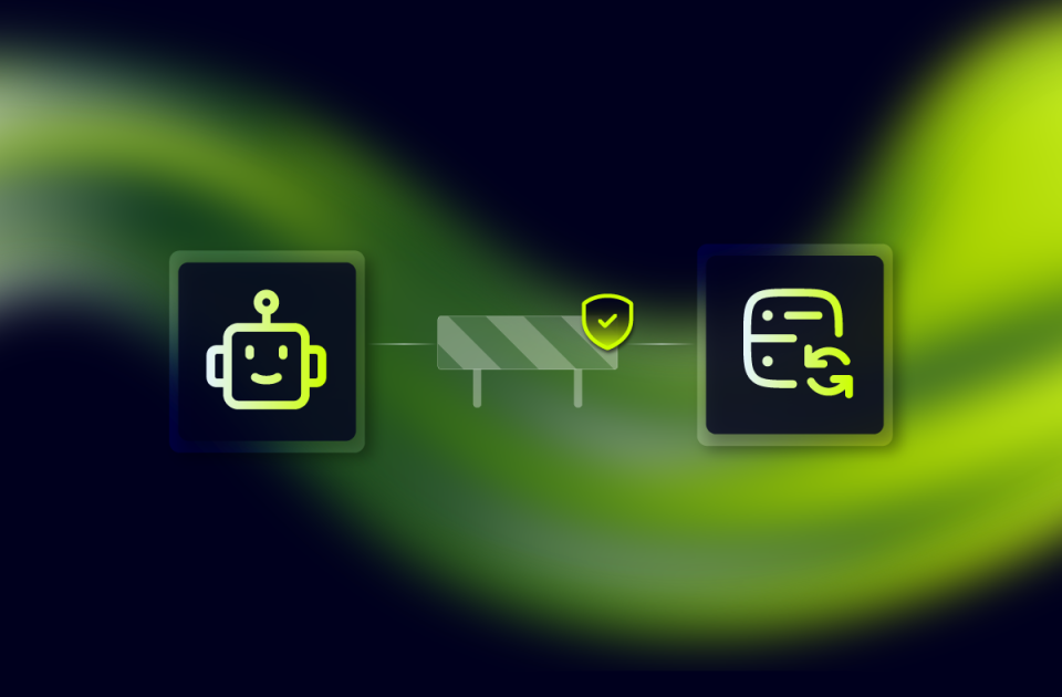 AI agent icon connected to a network server through a guarded barrier with a shield checkmark, showing governed changes